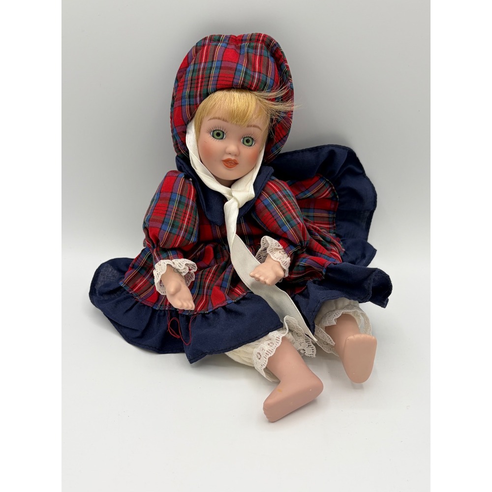 Vintage 1993 Anco Musical Porcelain Doll Plaid Dress Bonnet Wind Up 8 Inch
